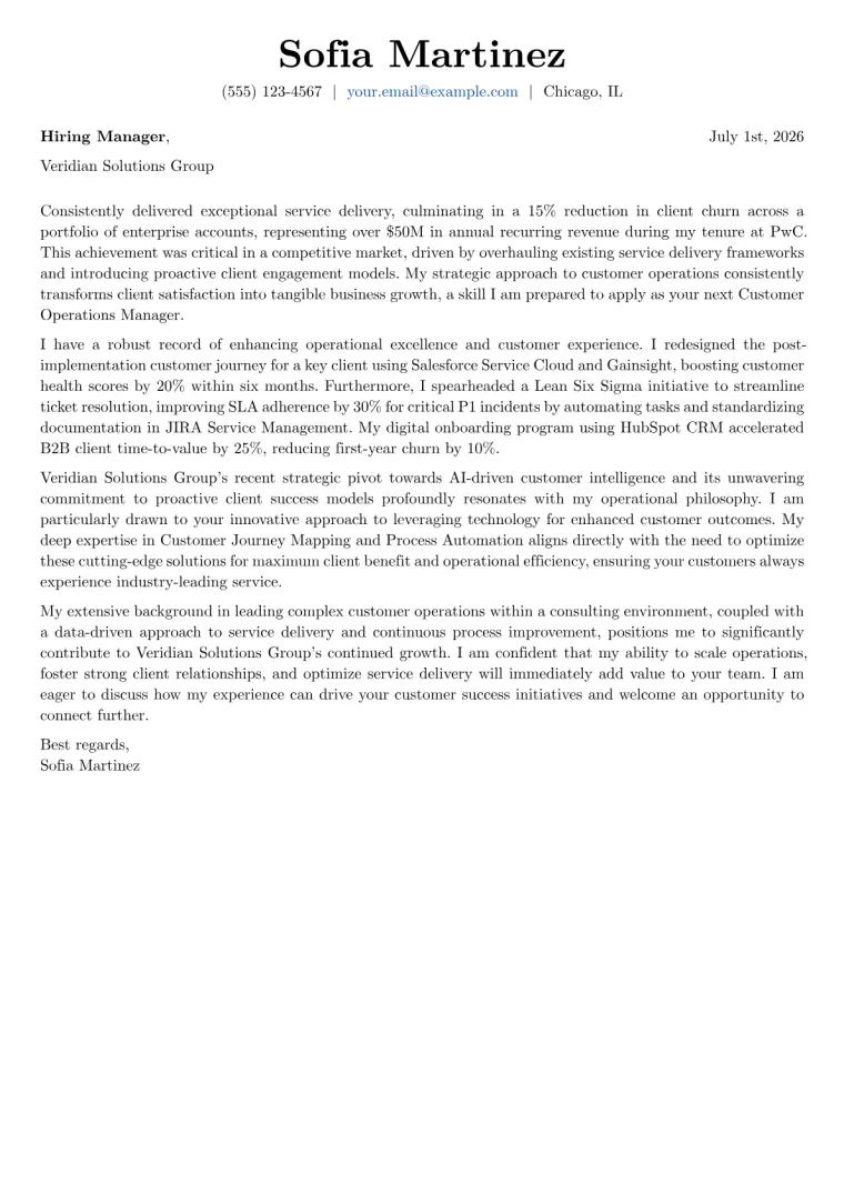 Customer Operations Manager cover letter example preview