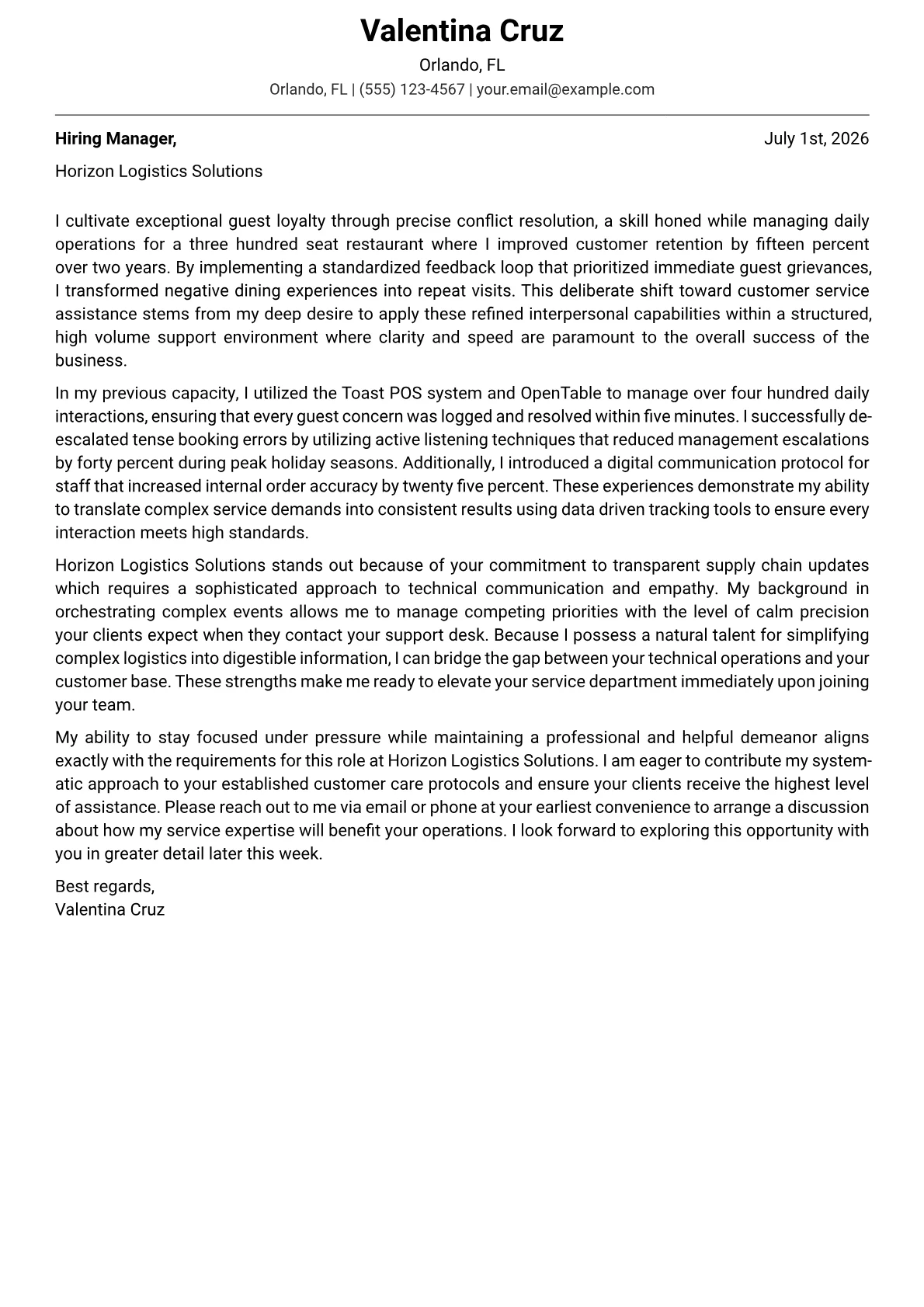 Customer Service Assistant cover letter in the Modern design