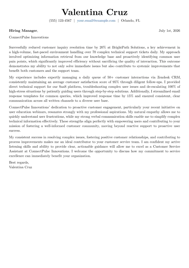 Customer Service Assistant Cover Letter Example