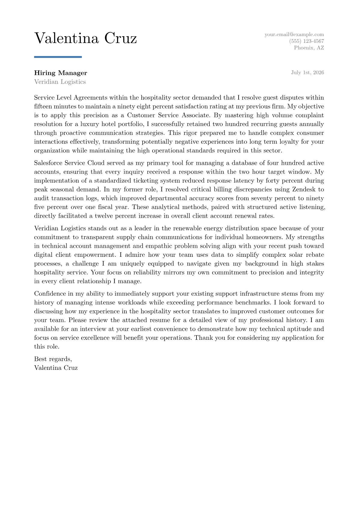 Customer Service Associate cover letter in the Executive design