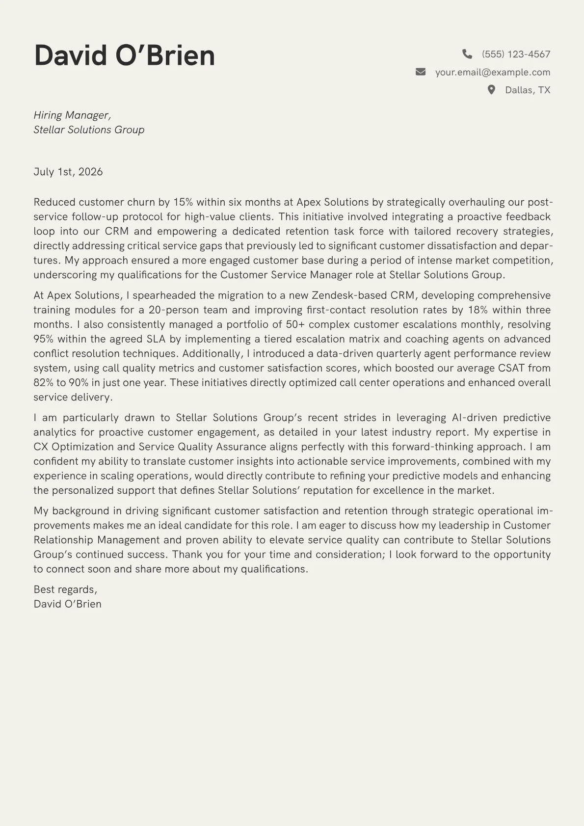 Customer Service Manager cover letter formatted with a JobSprout template