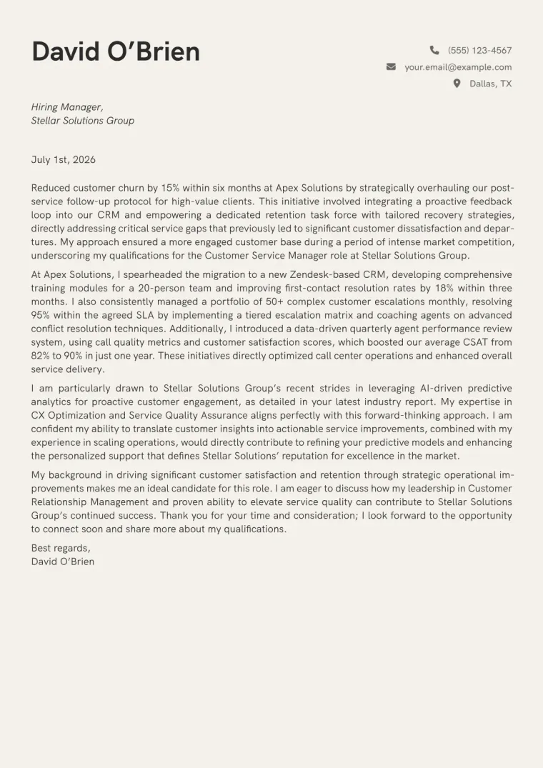 Customer Service Manager Cover Letter Example
