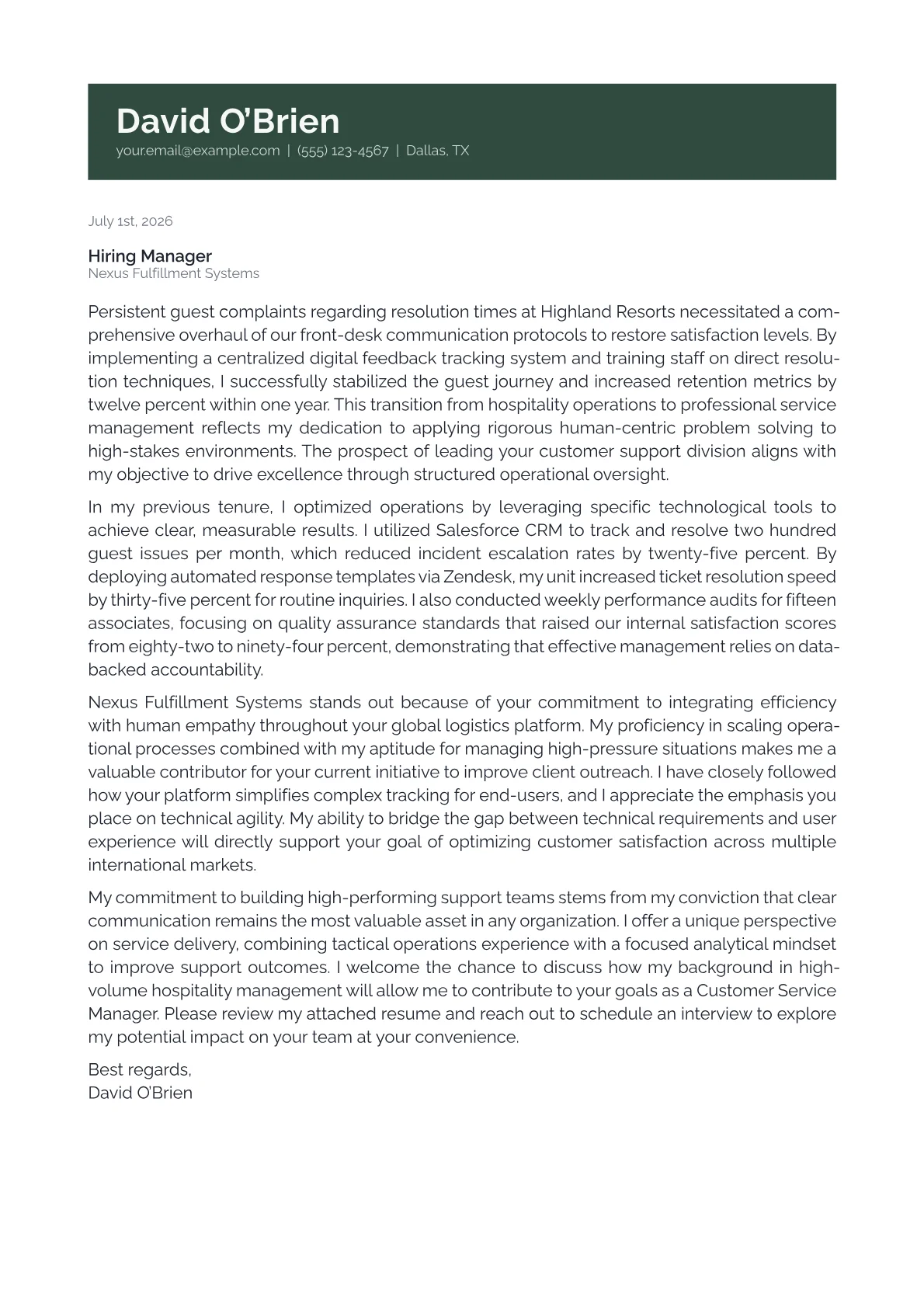 Customer Service Manager cover letter in the Banner design