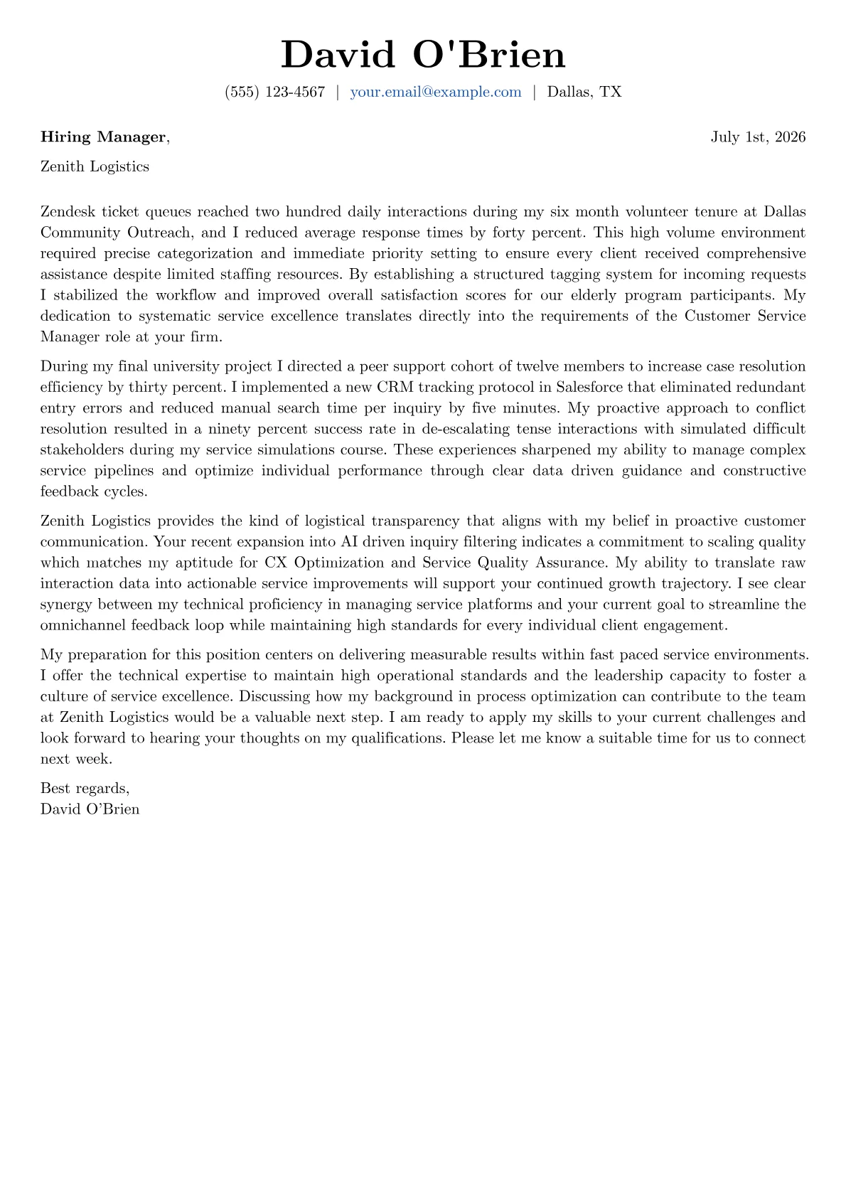 Customer Service Manager cover letter in the Basic design