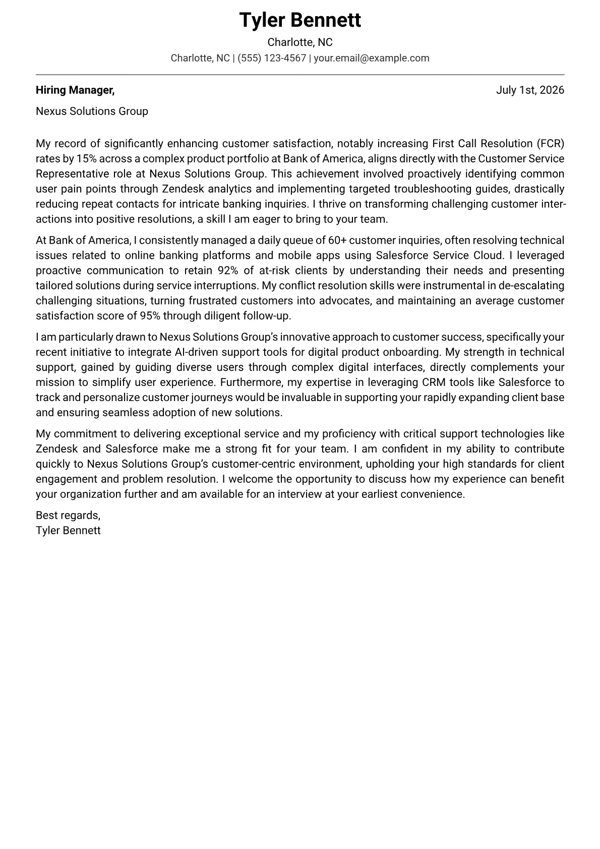 Customer Service Representative cover letter formatted with a JobSprout template