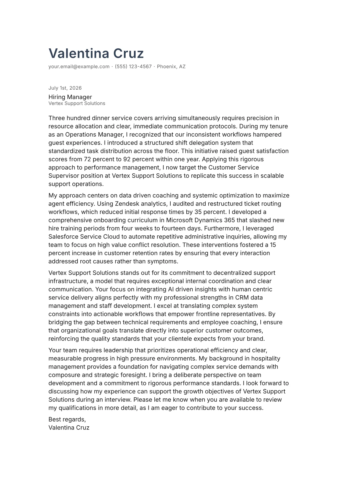 Customer Service Supervisor cover letter in the Minimal design