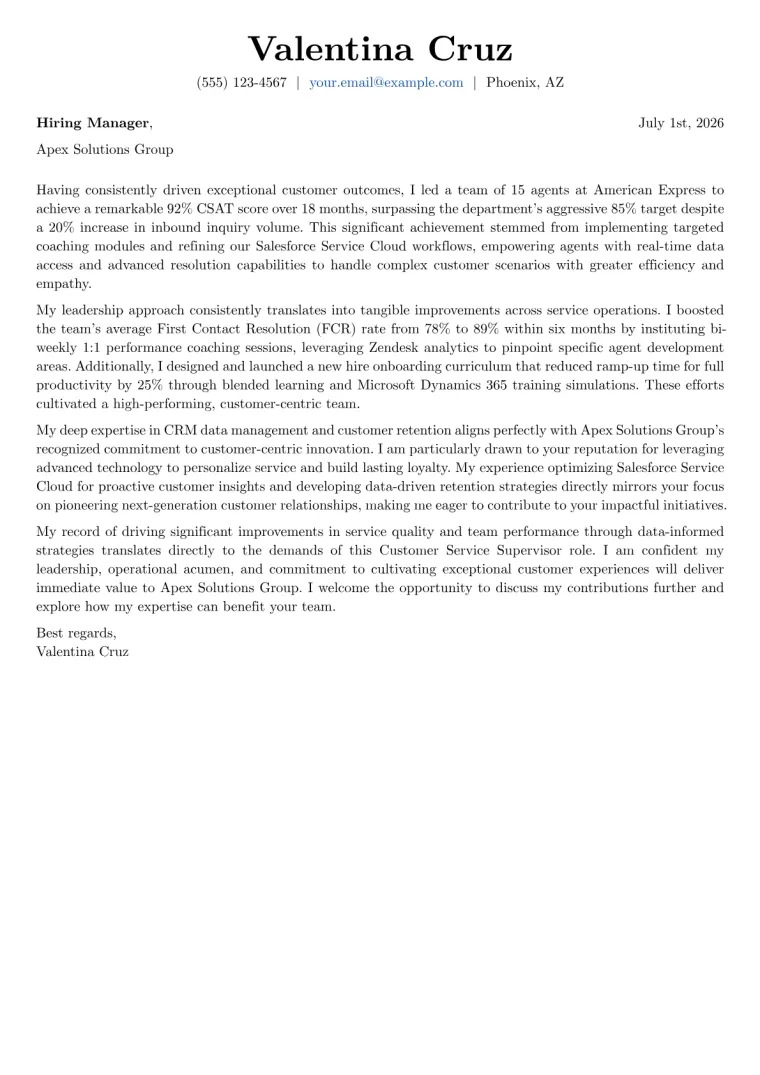 Customer Service Supervisor Cover Letter Example