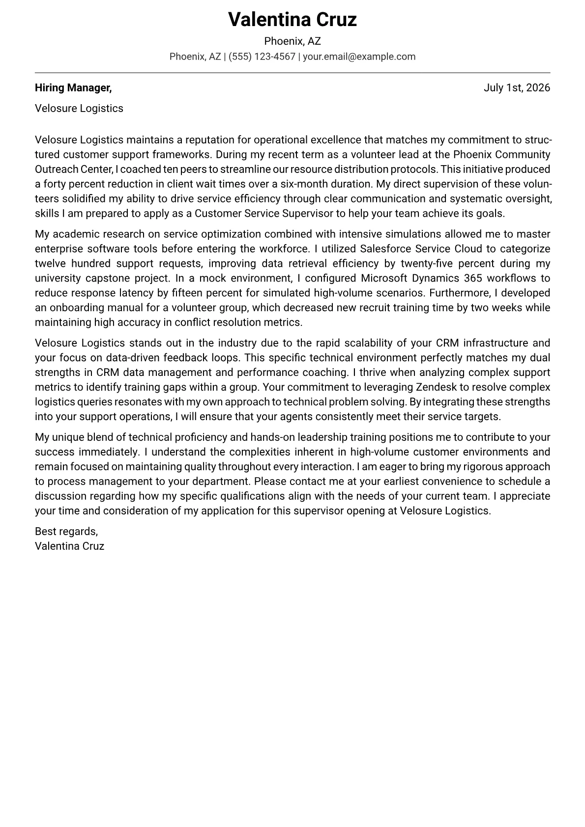Customer Service Supervisor cover letter in the Modern design