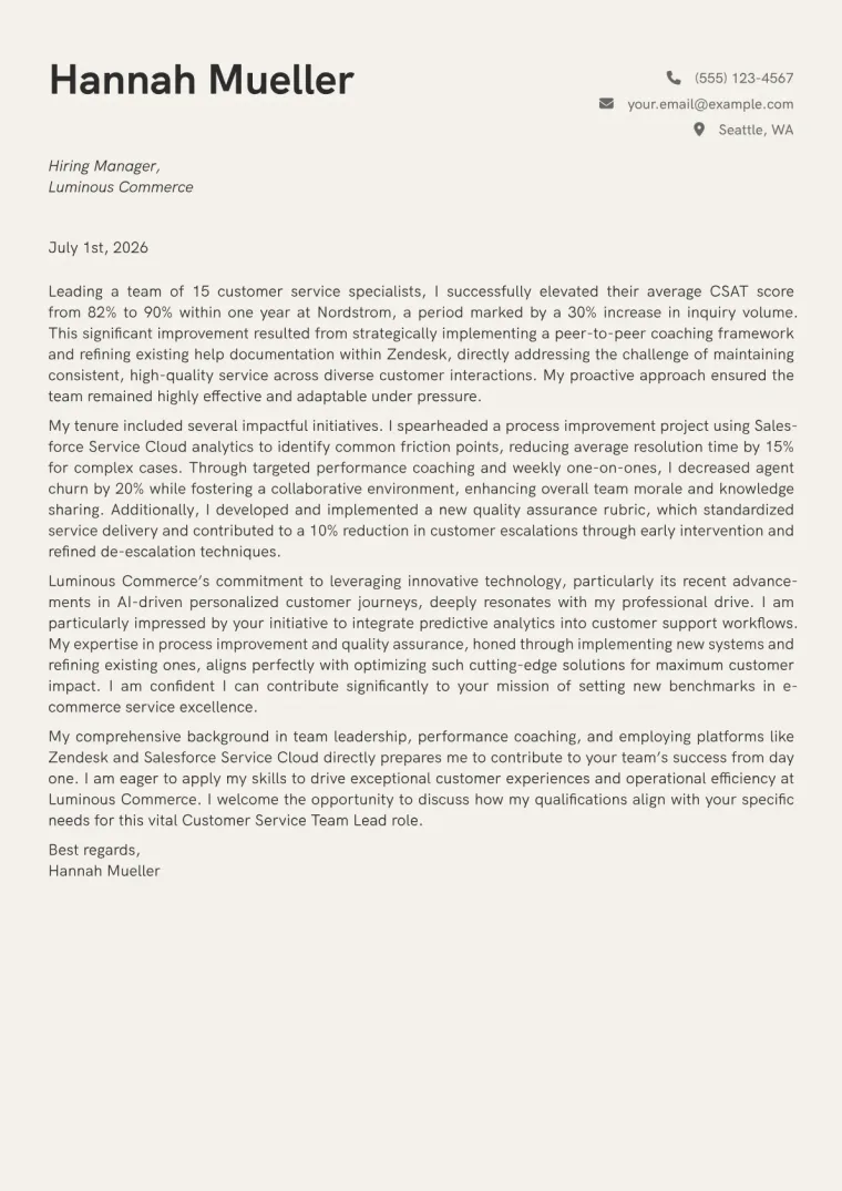 Customer Service Team Lead cover letter example preview