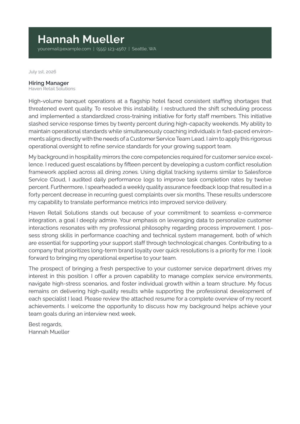 Customer Service Team Lead cover letter in the Banner design