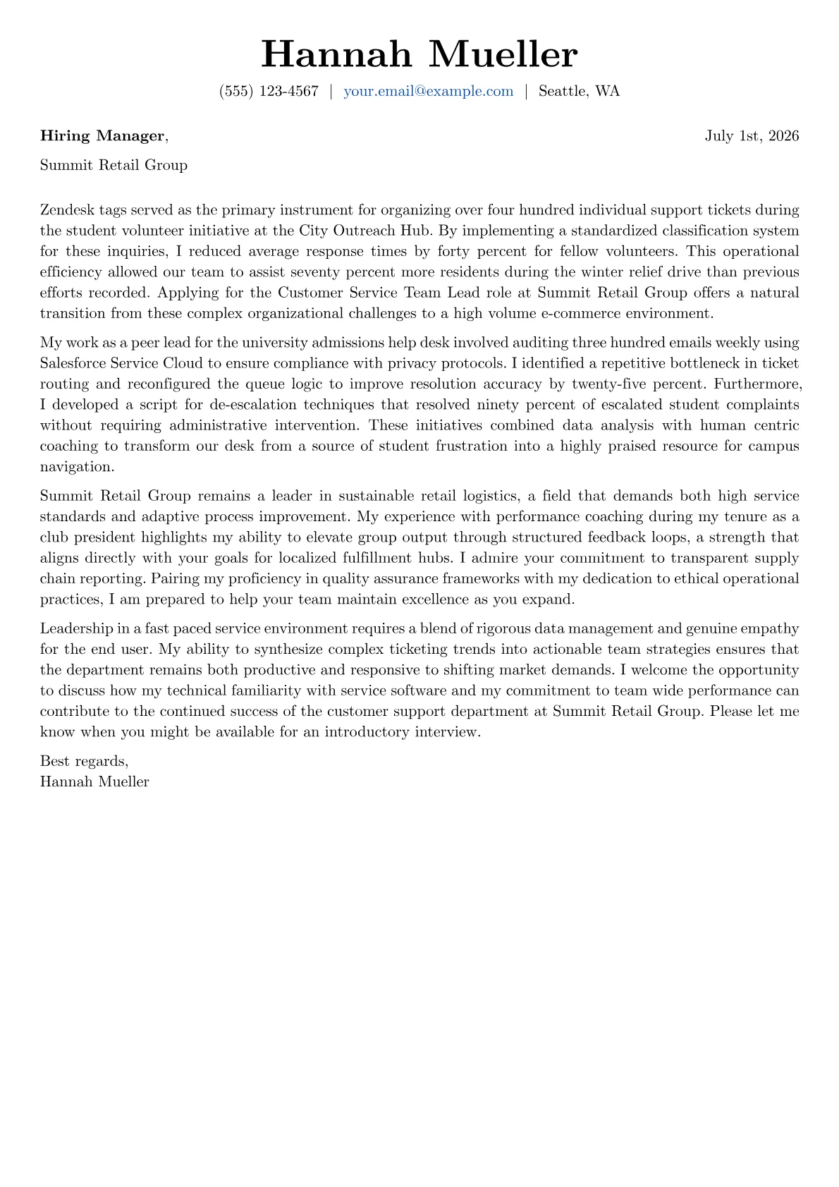 Customer Service Team Lead cover letter in the Basic design
