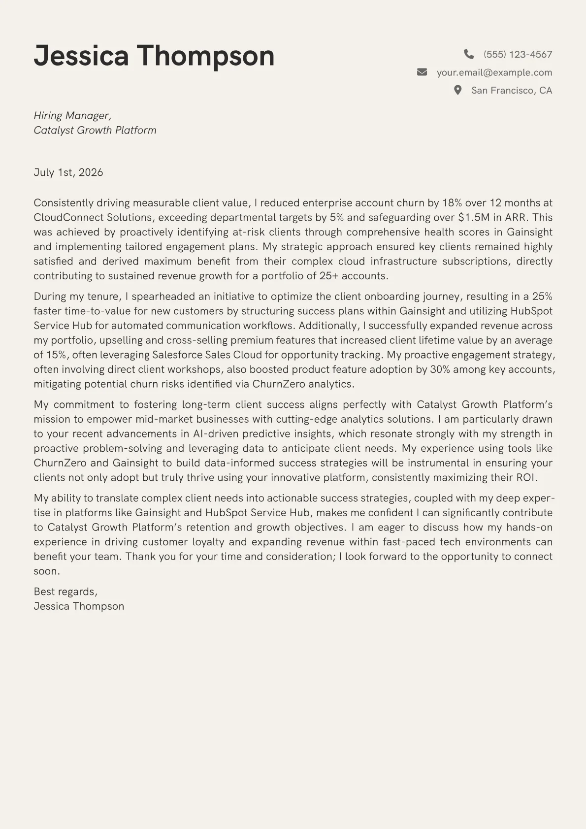 Customer Success Manager cover letter formatted with a JobSprout template