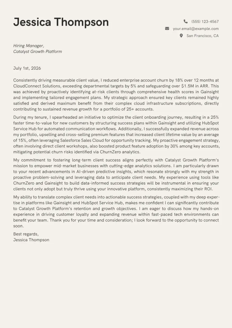 Customer Success Manager cover letter example