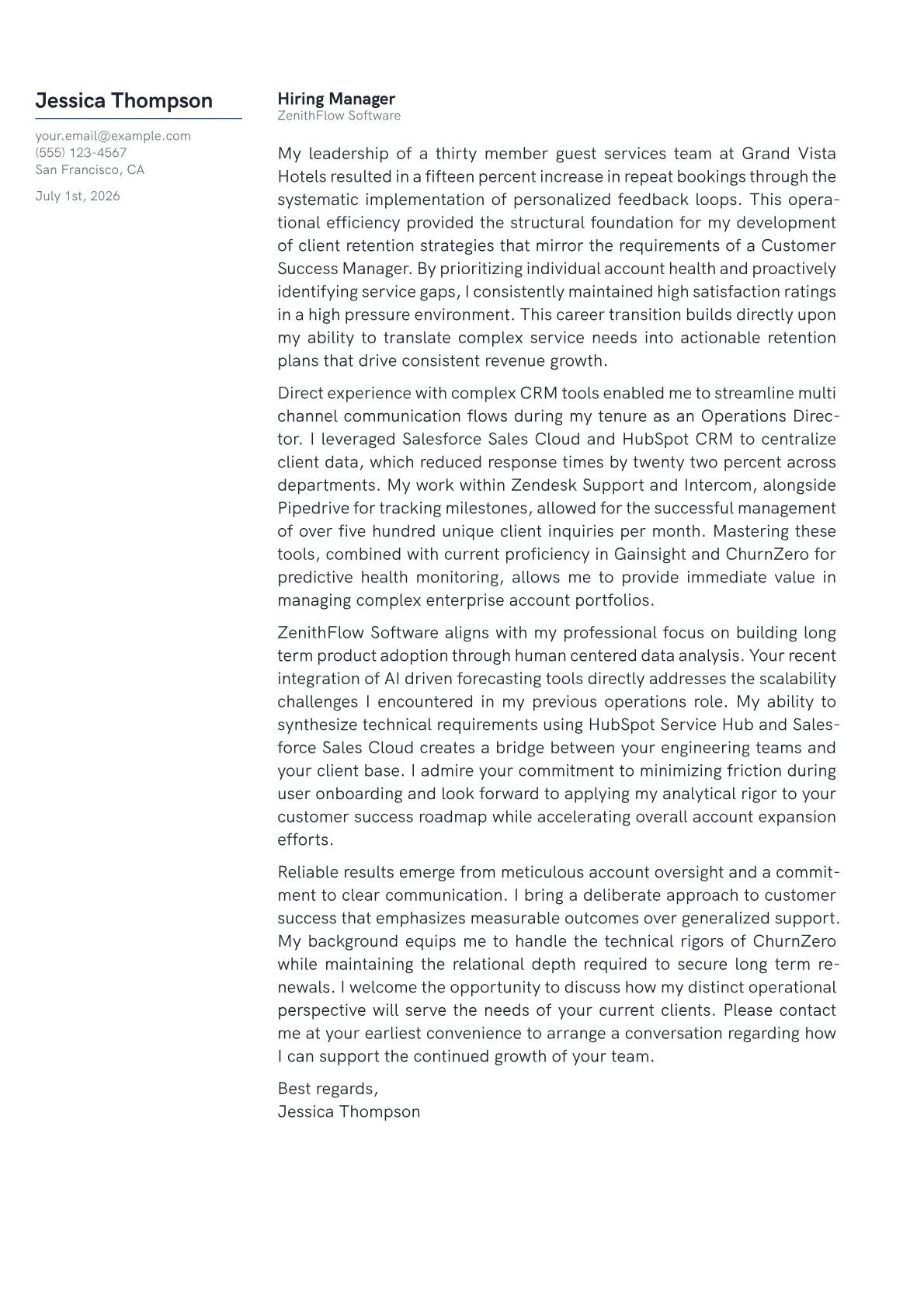 Customer Success Manager cover letter in the Margin design