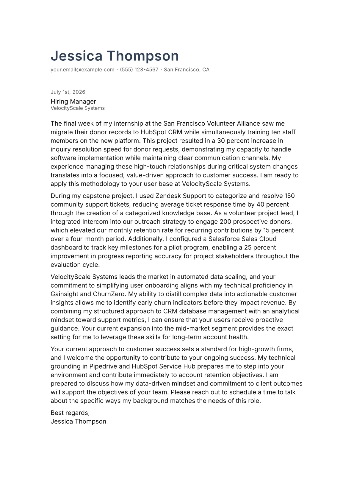 Customer Success Manager cover letter in the Minimal design