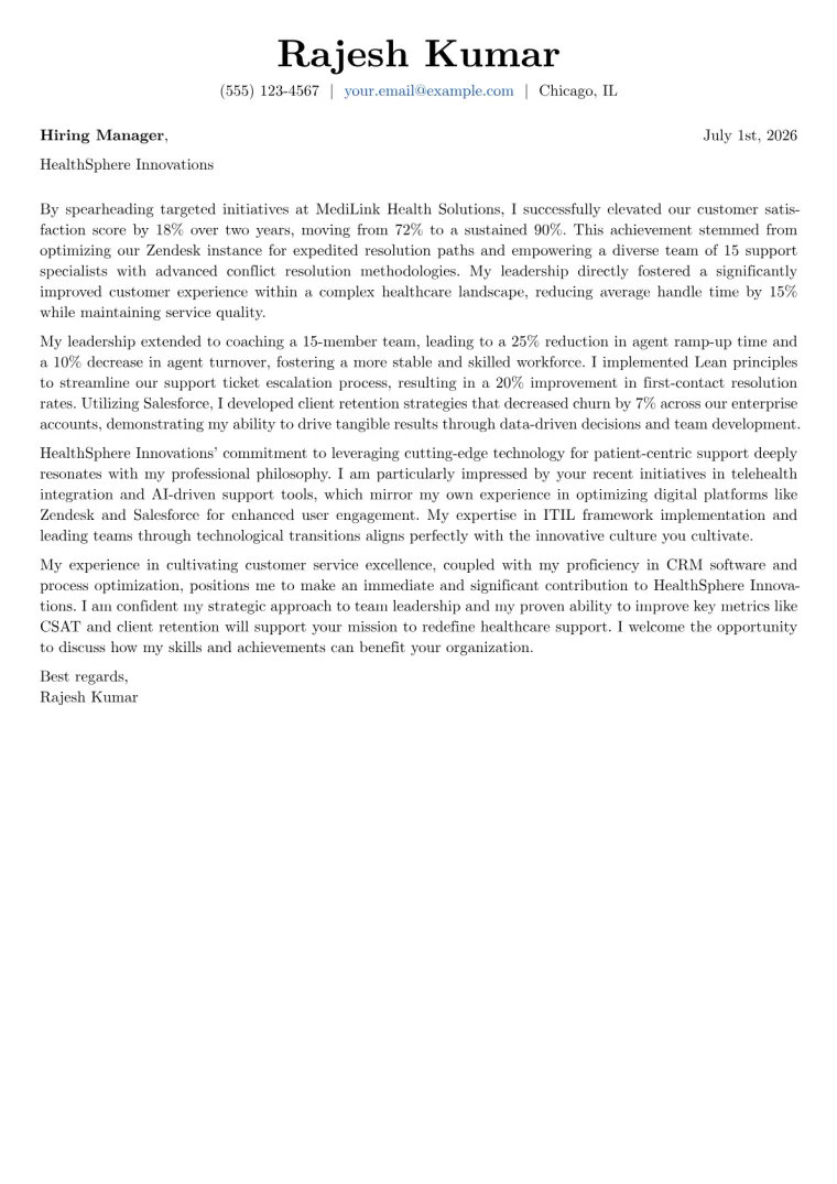 Customer Support Manager cover letter example preview