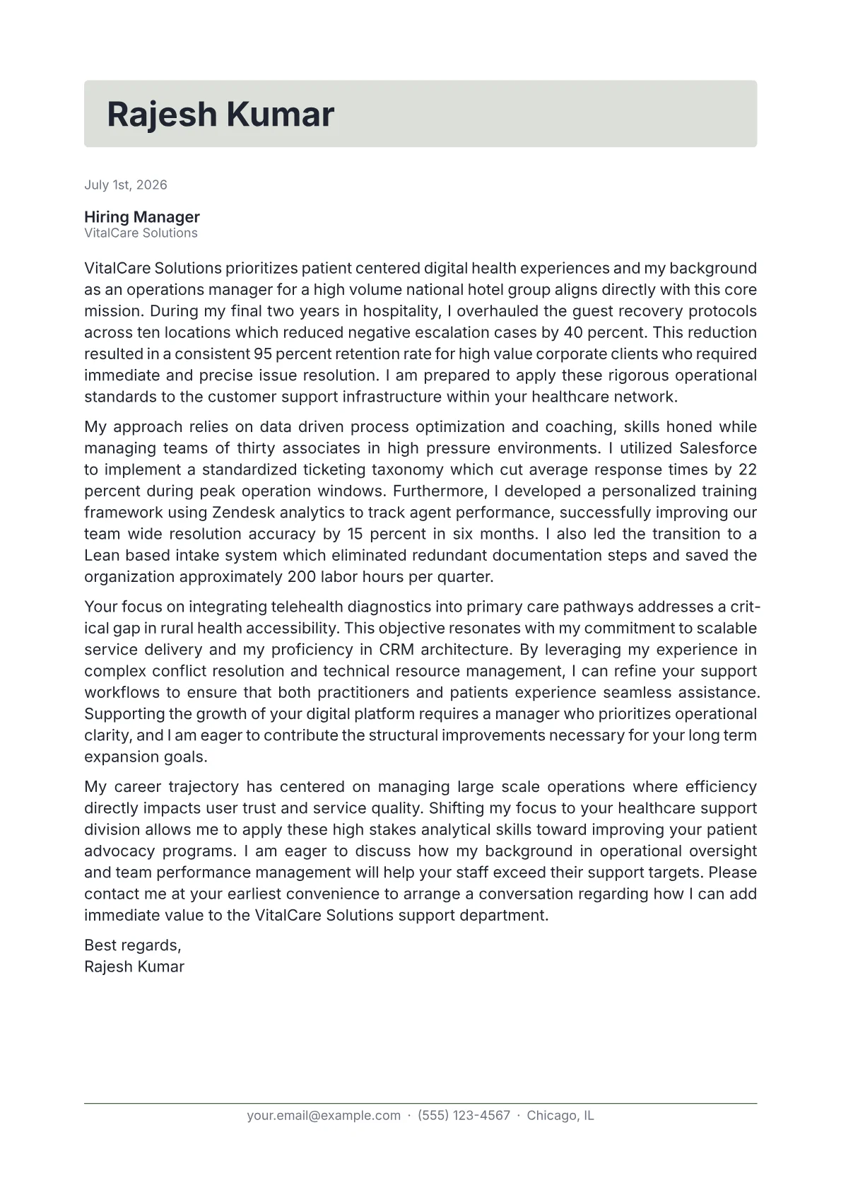 Customer Support Manager cover letter in the Letterhead design