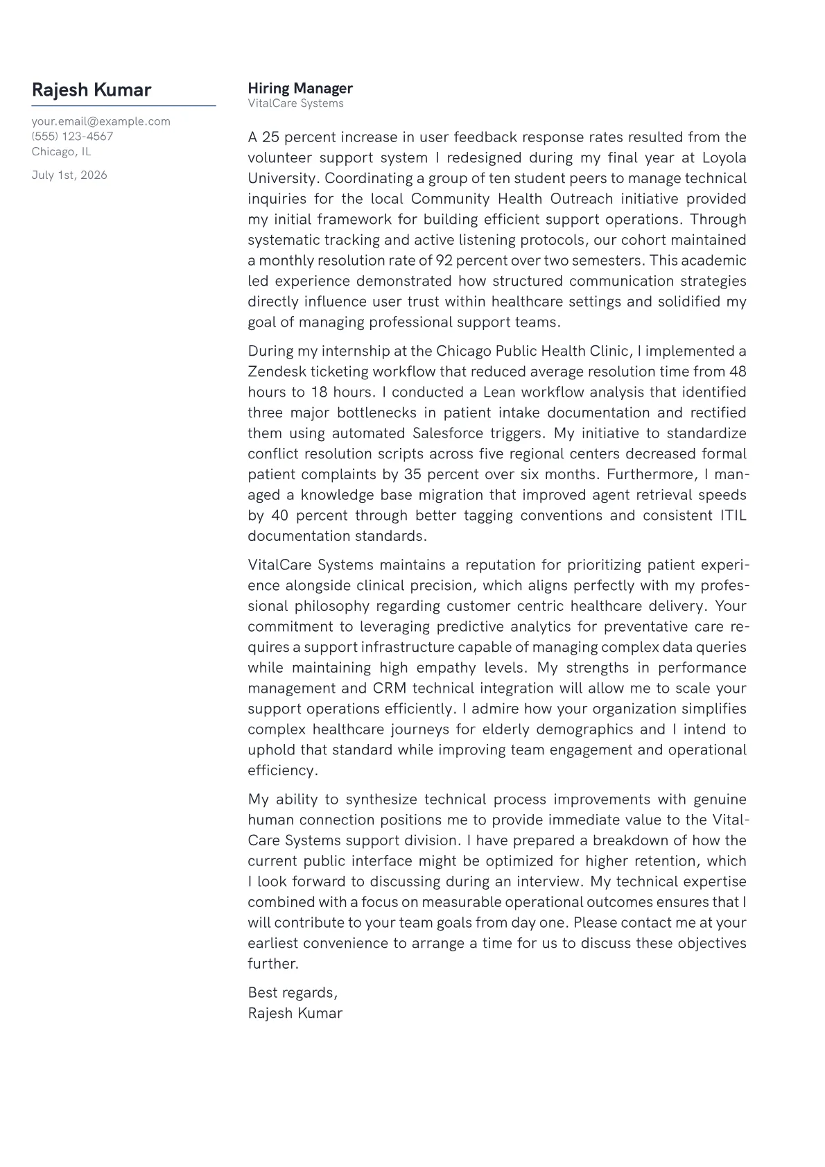 Customer Support Manager cover letter in the Margin design