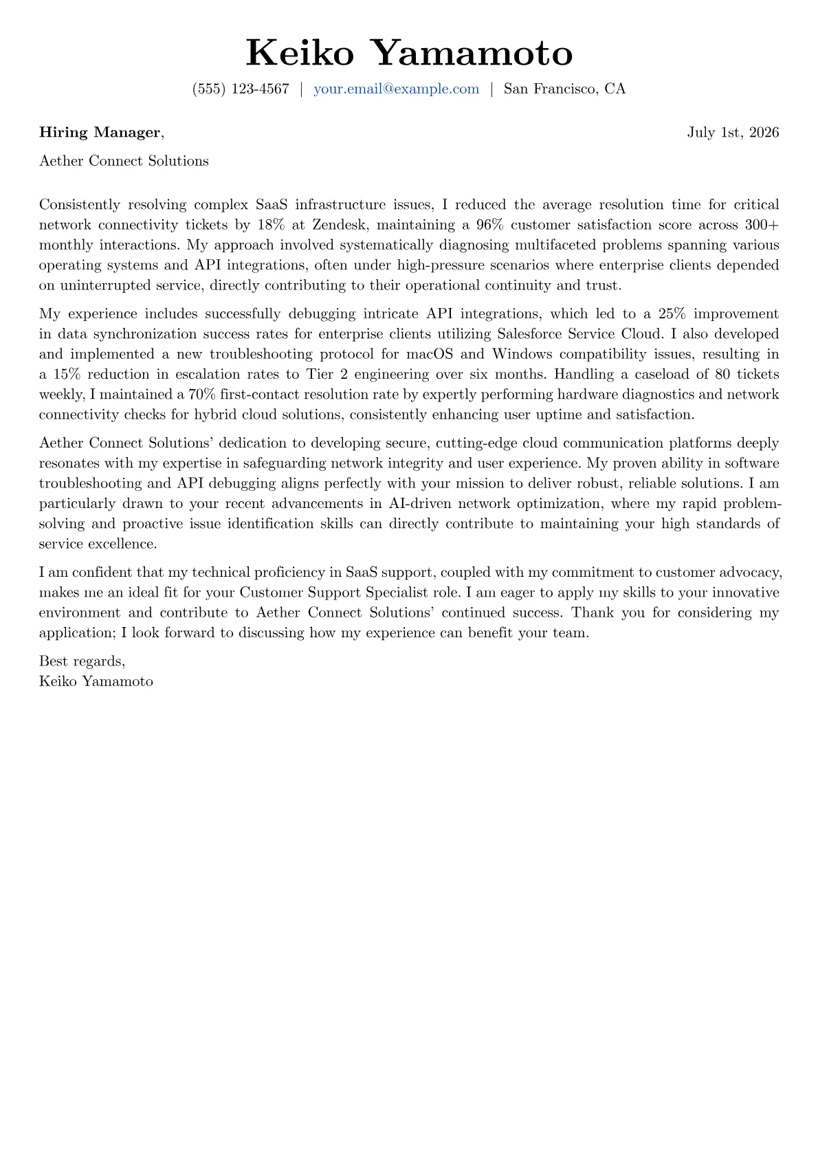 Customer Support Specialist cover letter formatted with a JobSprout template