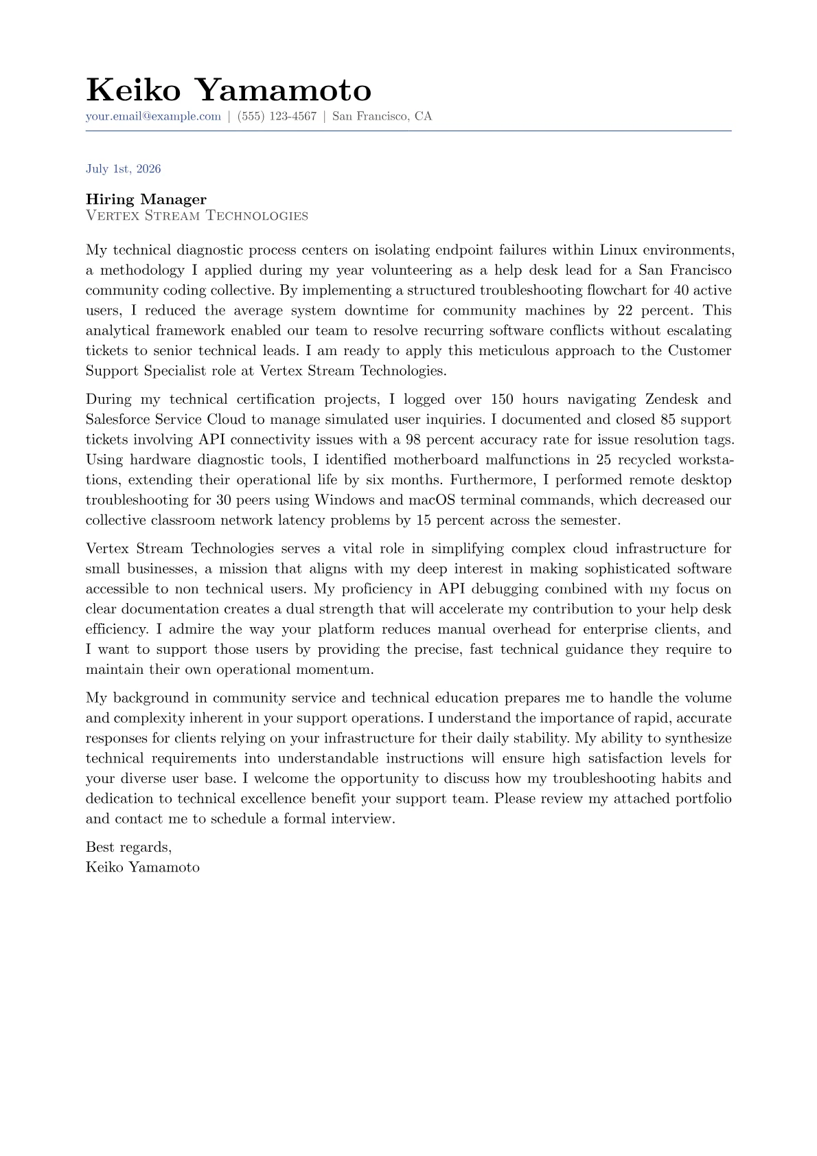 Customer Support Specialist cover letter in the Classic design