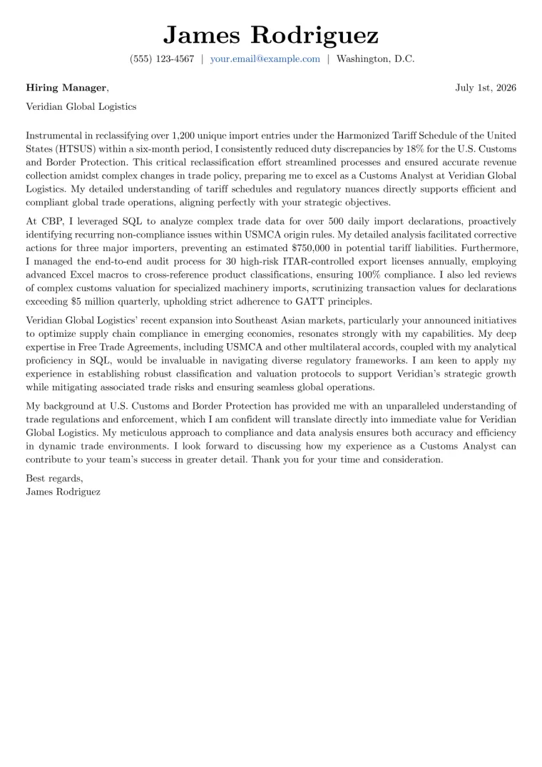 Customs Analyst cover letter example preview