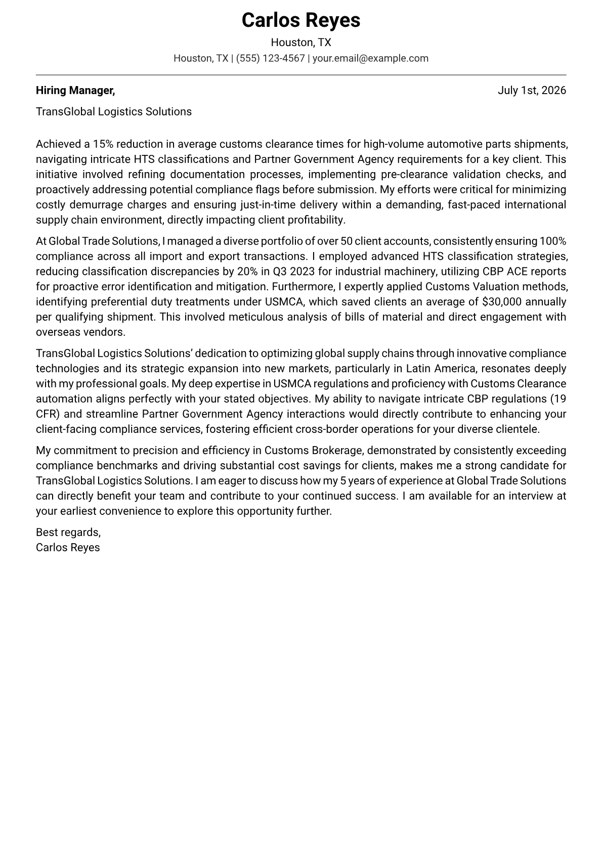 Customs Broker cover letter formatted with a JobSprout template