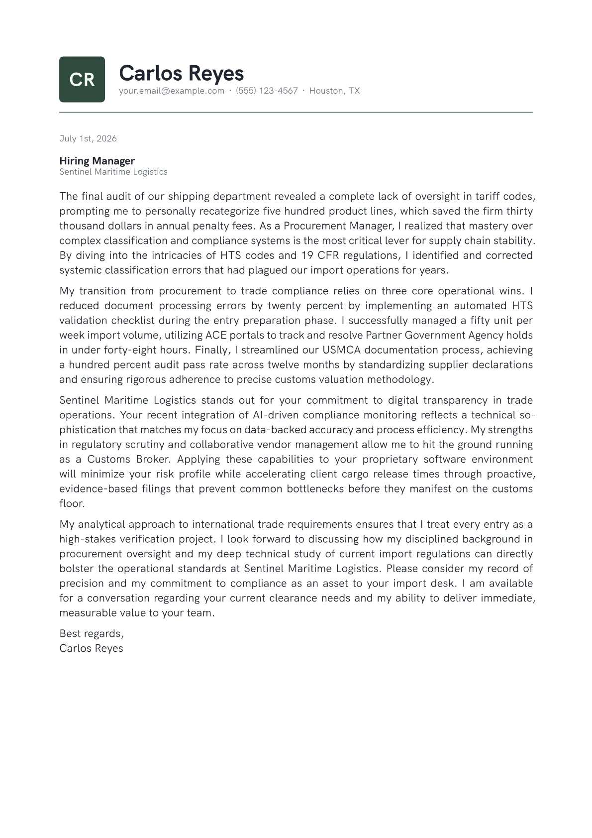 Customs Broker cover letter in the Emblem design