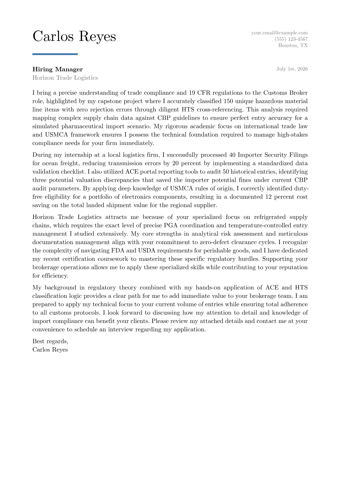 Customs Broker cover letter in the Executive design