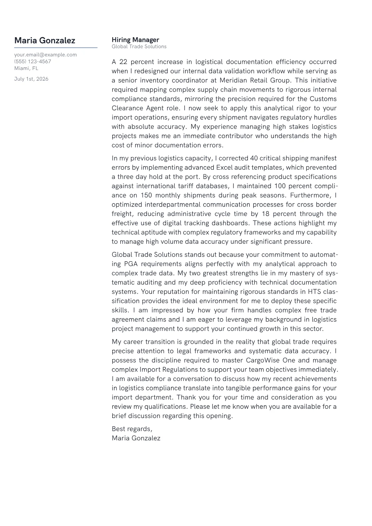 Customs Clearance Agent cover letter in the Margin design