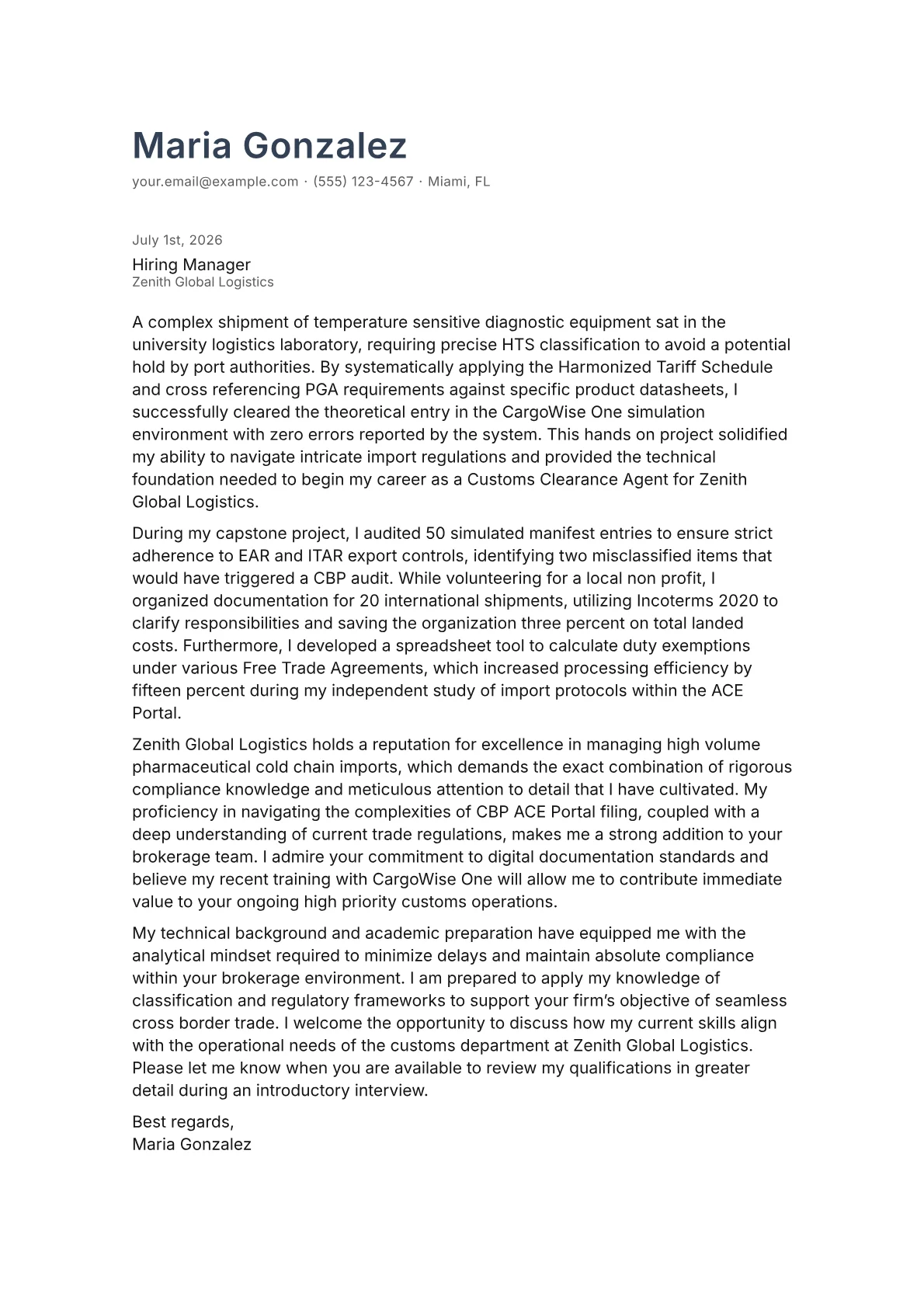 Customs Clearance Agent cover letter in the Minimal design
