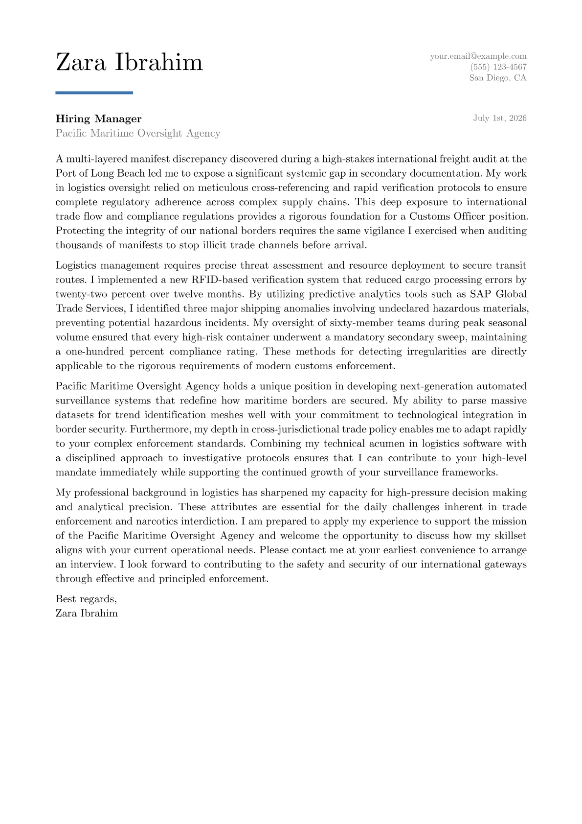 Customs Officer cover letter in the Executive design
