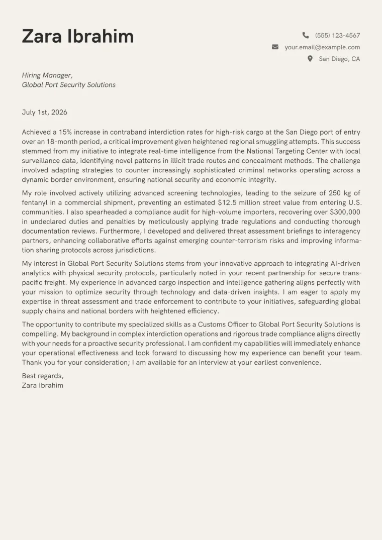Customs Officer cover letter example