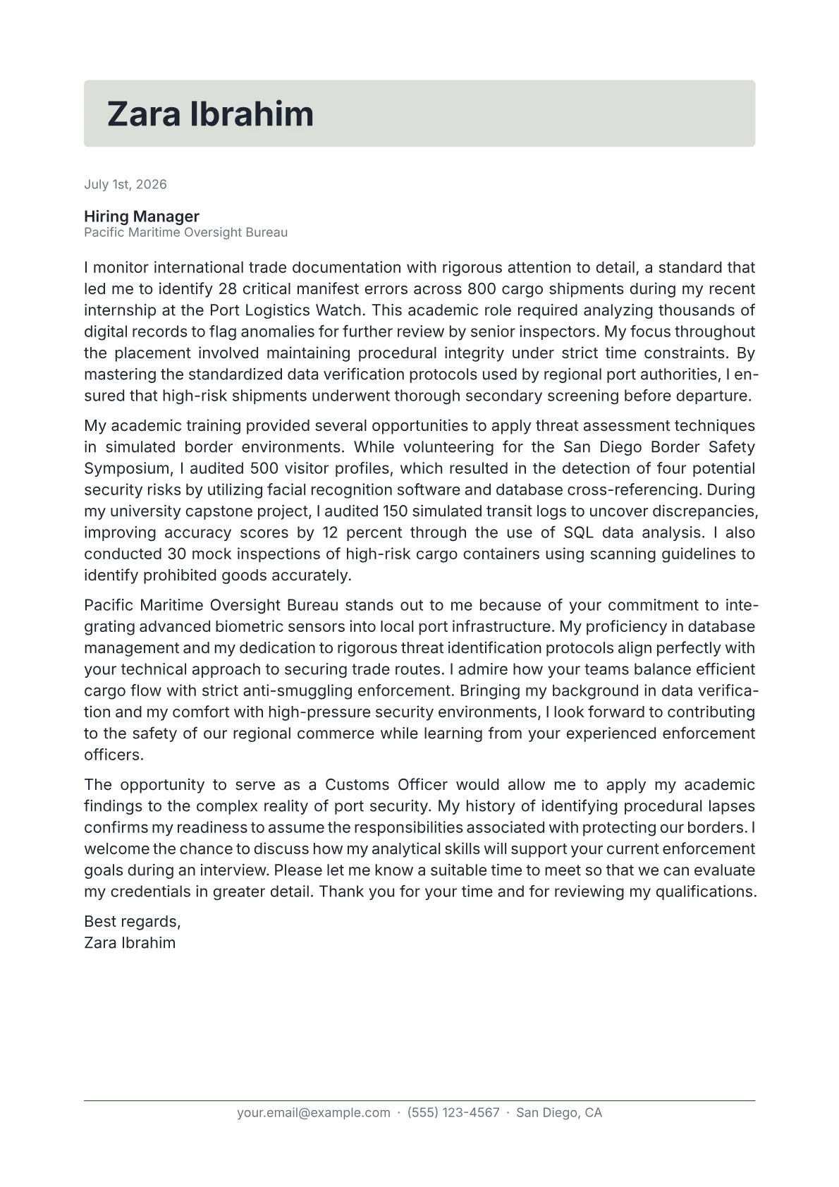 Customs Officer cover letter in the Letterhead design
