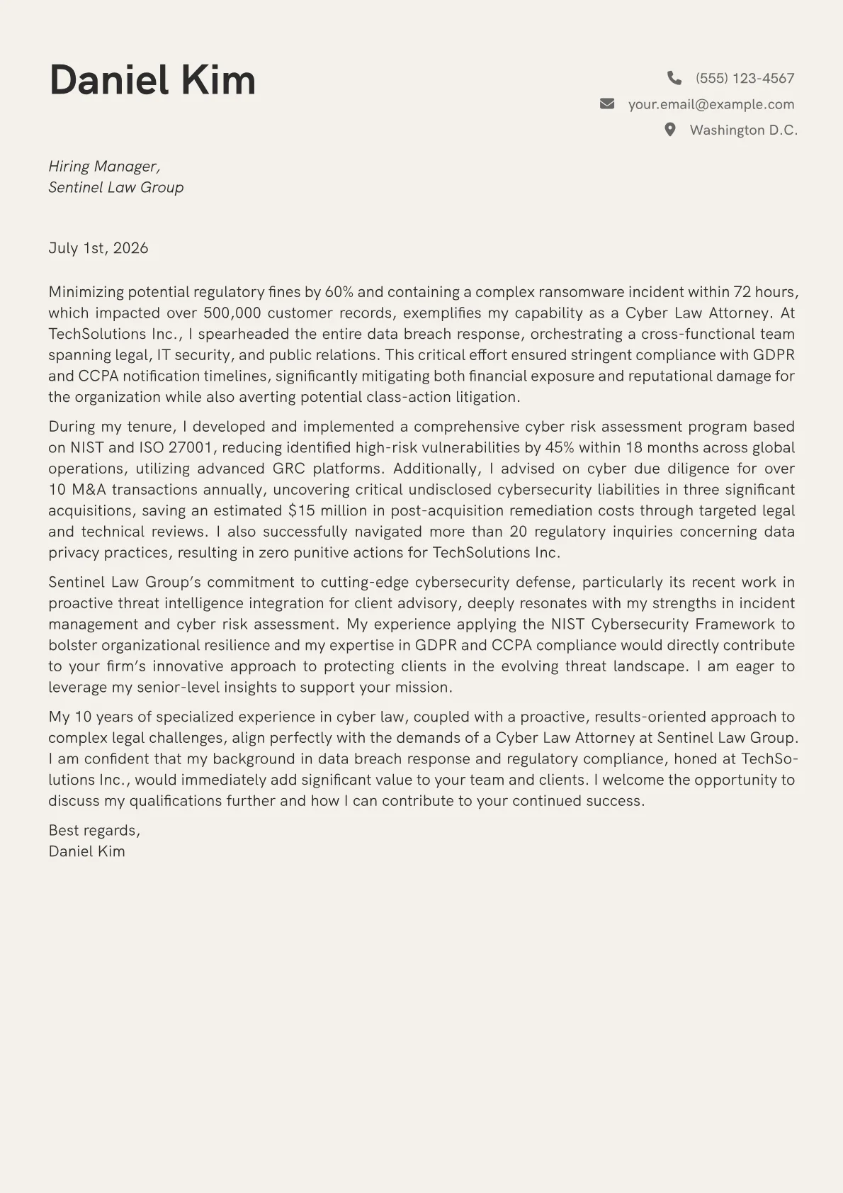 Cyber Law Attorney cover letter formatted with a JobSprout template