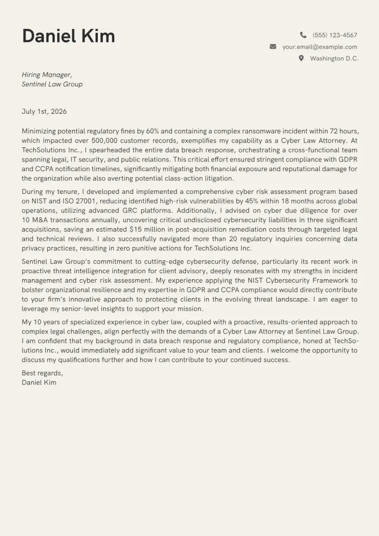 Cyber Law Attorney cover letter example preview