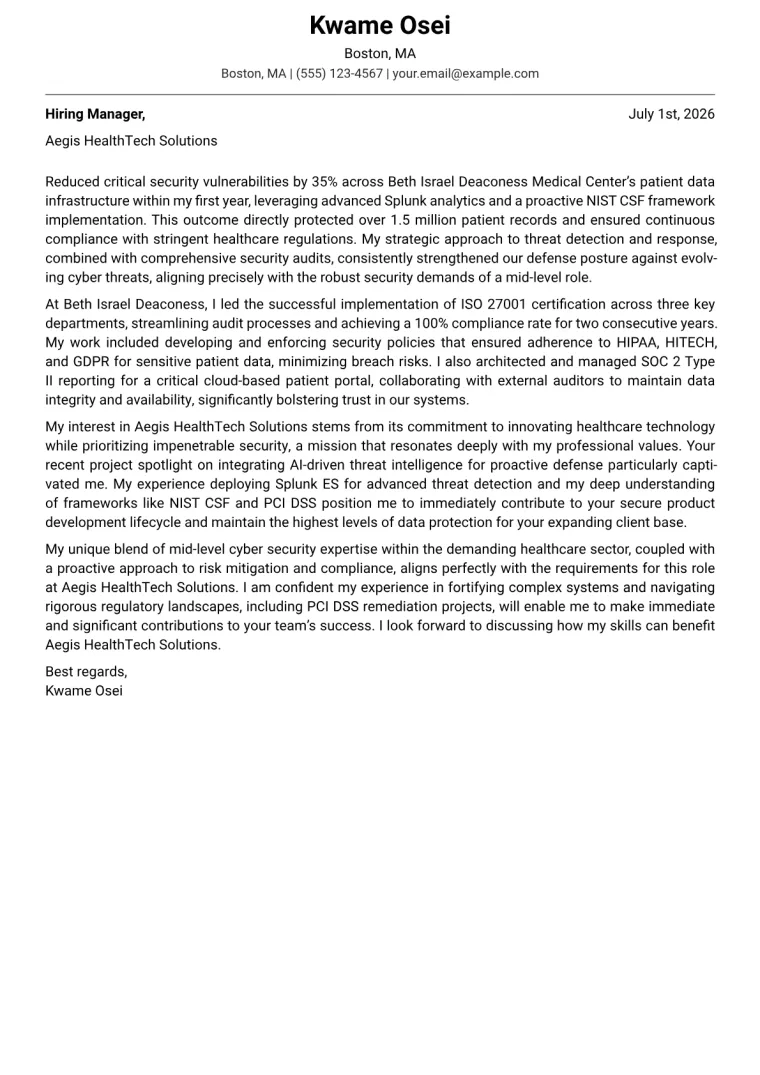 Cyber Security cover letter example preview