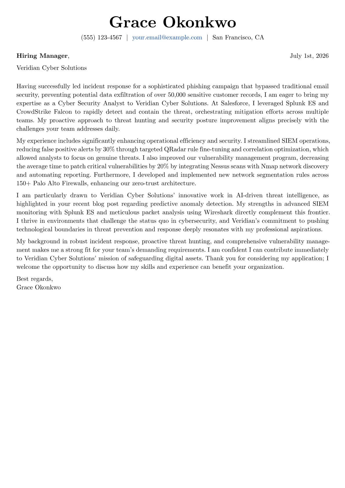 Cyber Security Analyst cover letter formatted with a JobSprout template
