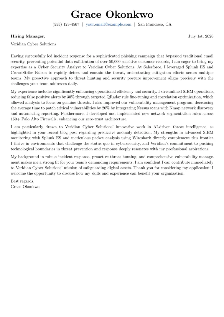 Cyber Security Analyst Cover Letter Example