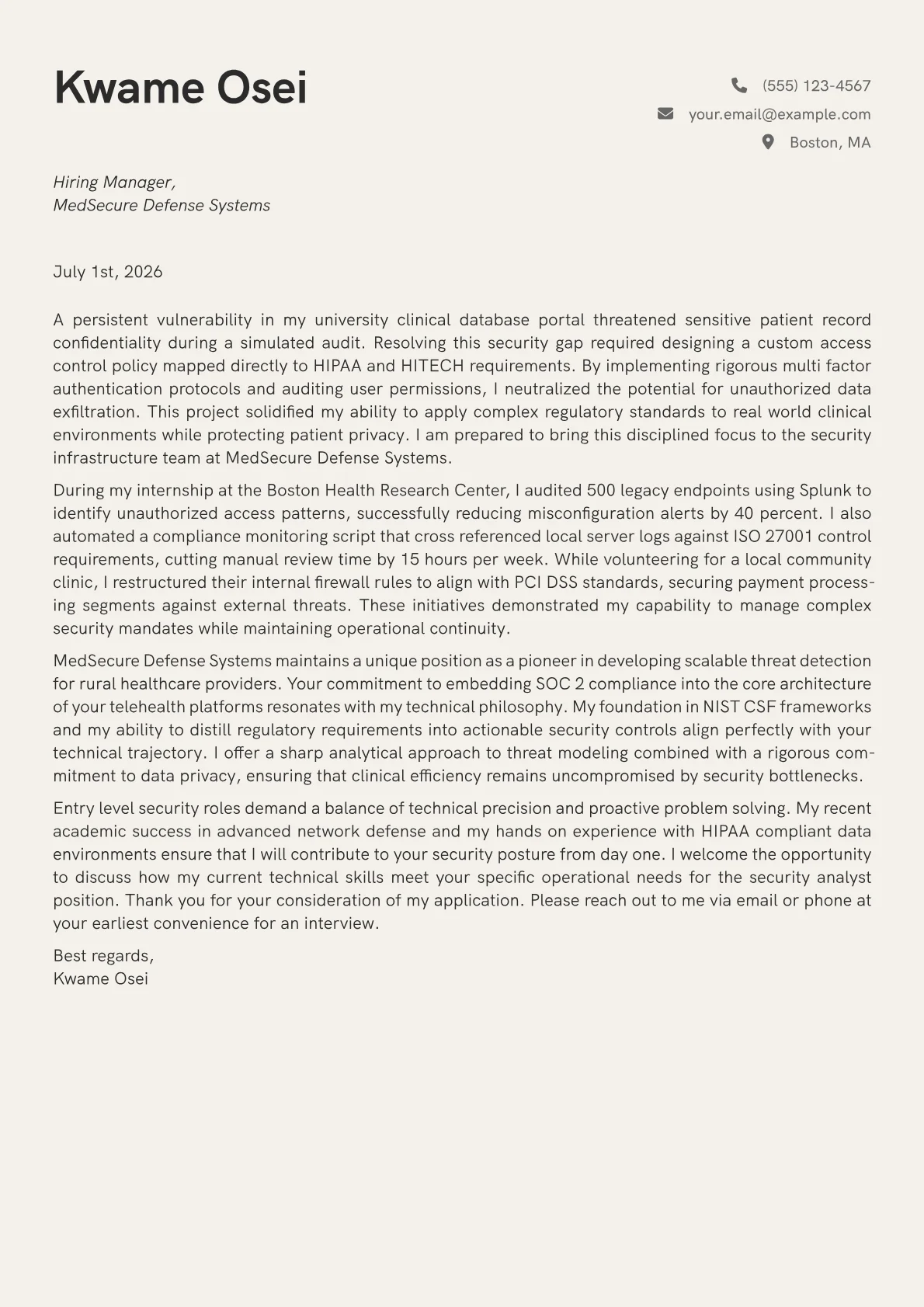 Cyber Security cover letter in the Creative design