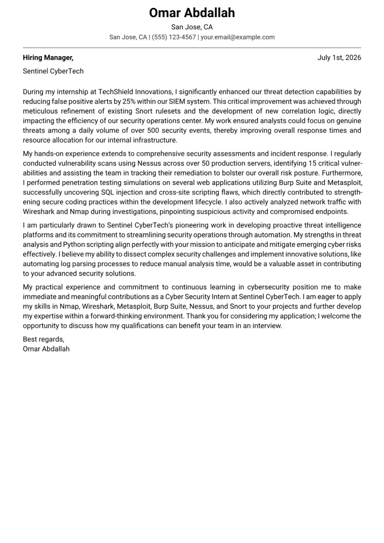 Cyber Security Intern Cover Letter Example
