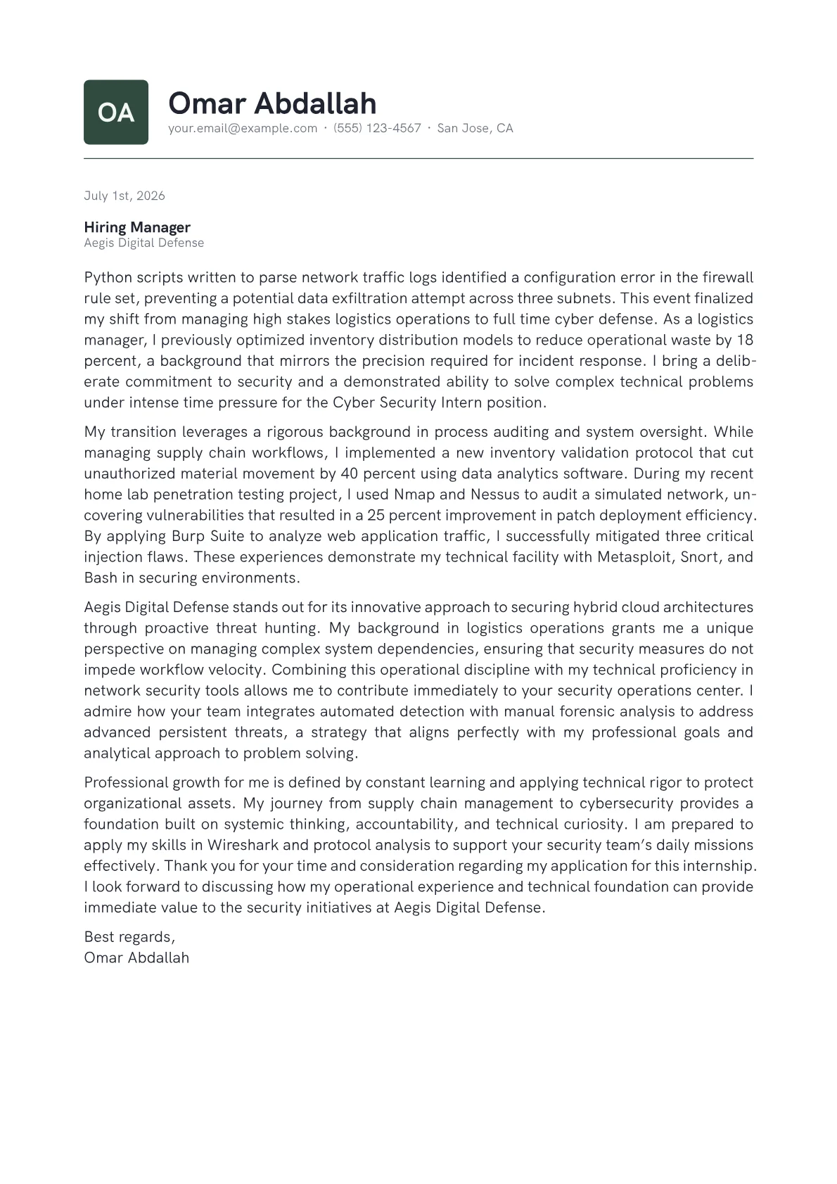 Cyber Security Intern cover letter in the Emblem design