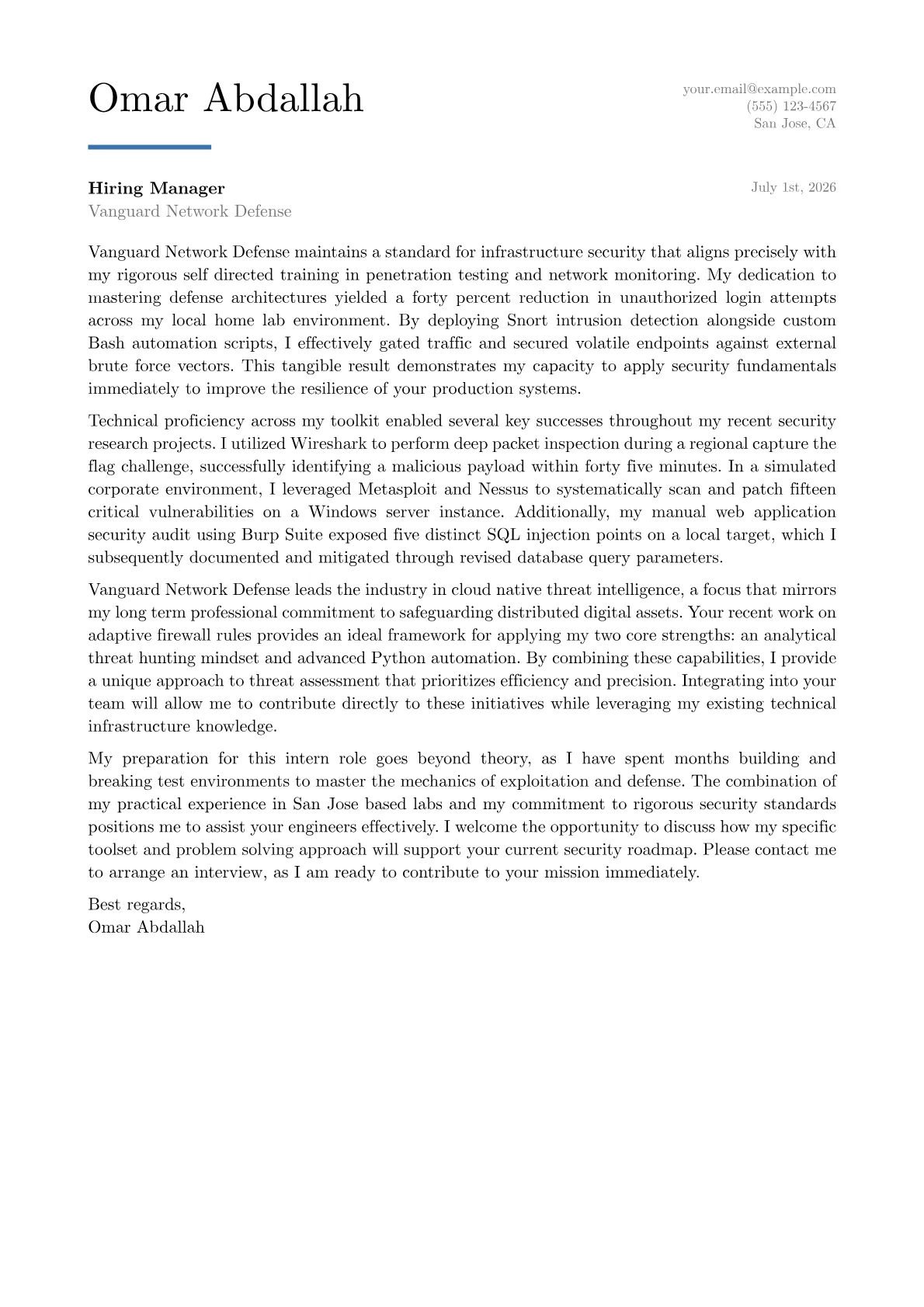 Cyber Security Intern cover letter in the Executive design