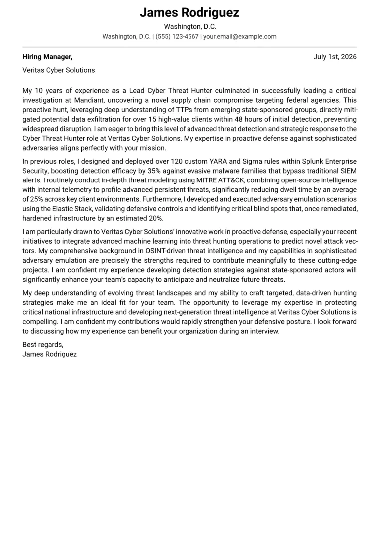 Cyber Threat Hunter cover letter example preview