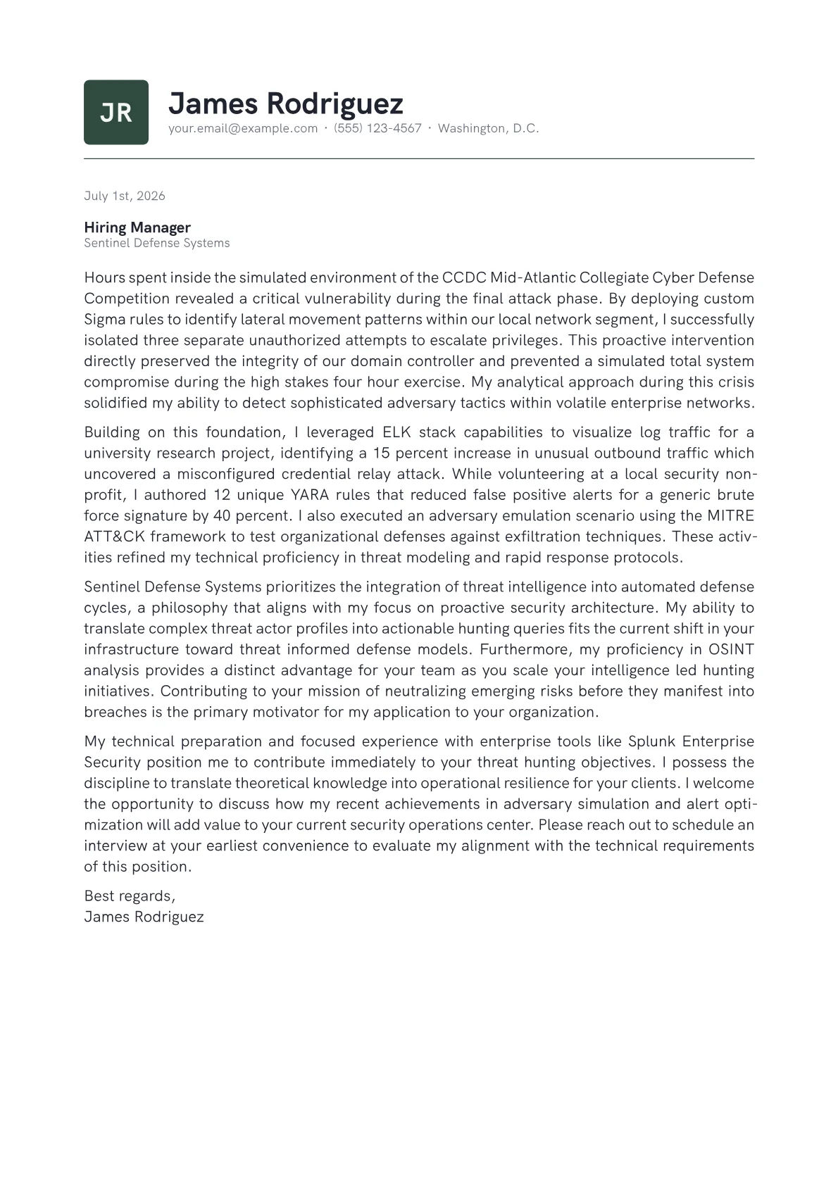 Cyber Threat Hunter cover letter in the Emblem design