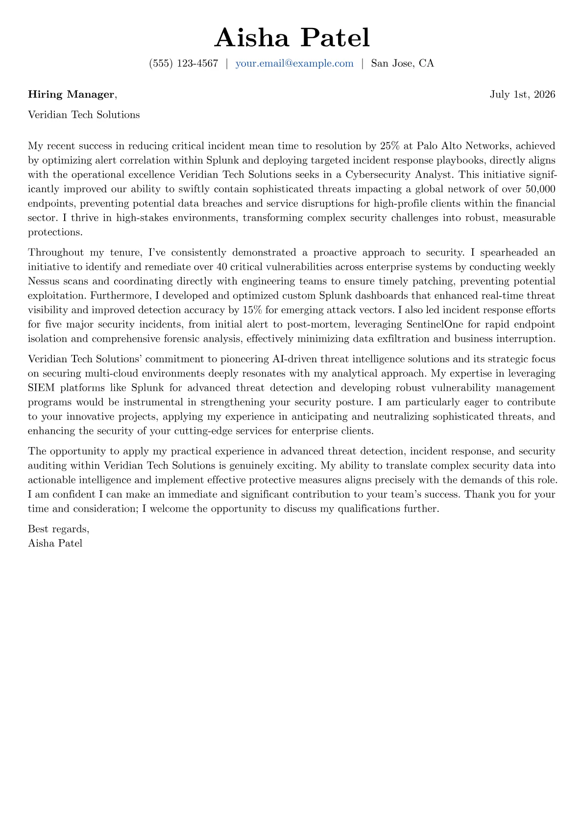 Cybersecurity Analyst cover letter formatted with a JobSprout template