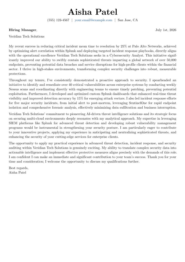 Cybersecurity Analyst cover letter example preview