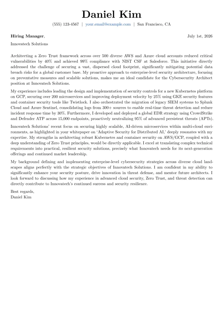 Cybersecurity Architect cover letter example