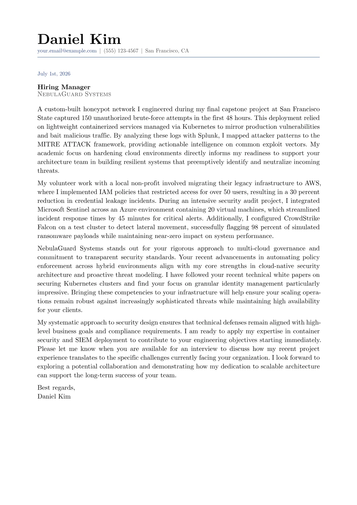 Cybersecurity Architect cover letter in the Classic design