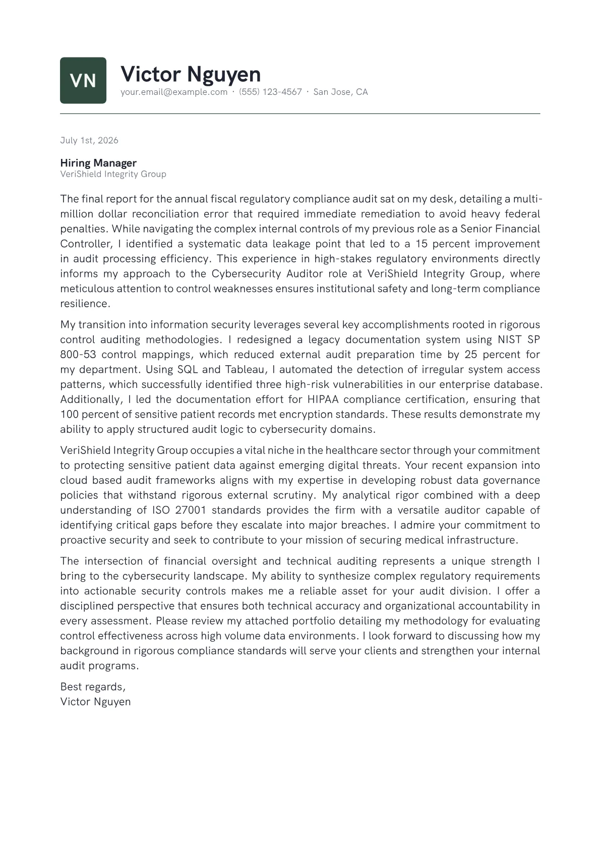 Cybersecurity Auditor cover letter in the Emblem design