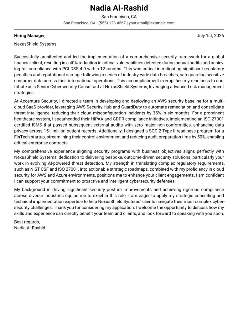 Cybersecurity Consultant cover letter example
